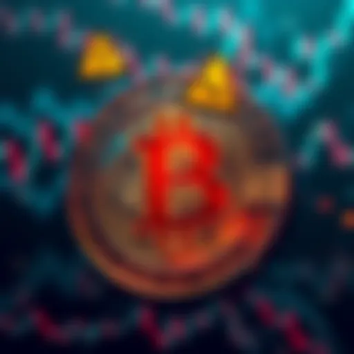 A graphic showing Bitcoin's logo with warning signs and market charts, symbolizing uncertainty in 2025.