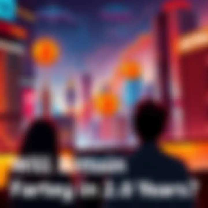 A futuristic city skyline with Bitcoin symbols and graphs showing rising value, people looking at screens with interest.