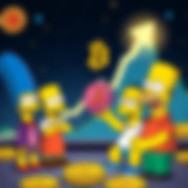 The Simpsons characters celebrating Bitcoin's rise with a graph showing an upward trend and Bitcoin logo in the background.