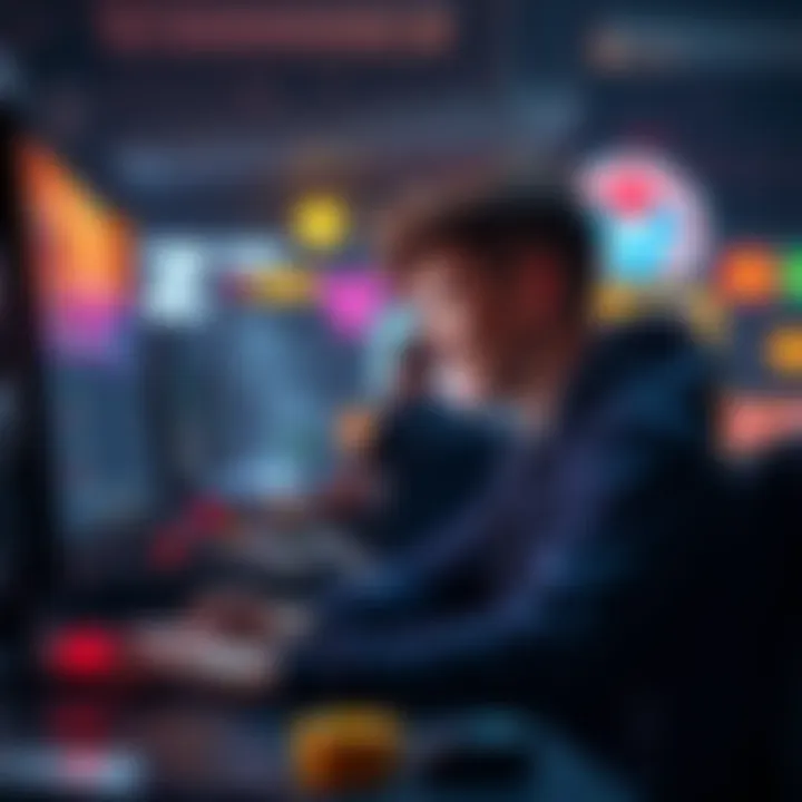 A young person sitting at a computer, looking at a Bitcoin gambling website with excitement.