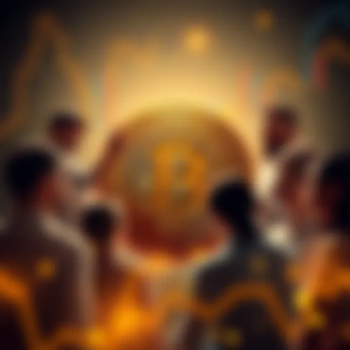 A group of diverse people collaborating around a Bitcoin symbol, discussing its impact on wealth and society.