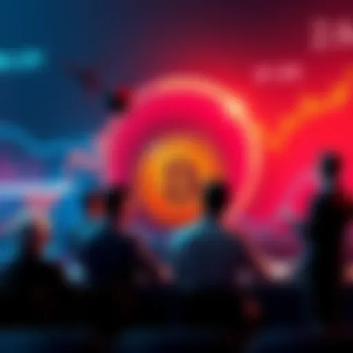 Group of people debating Bitcoin's future growth and performance trends, with charts and graphs in the background
