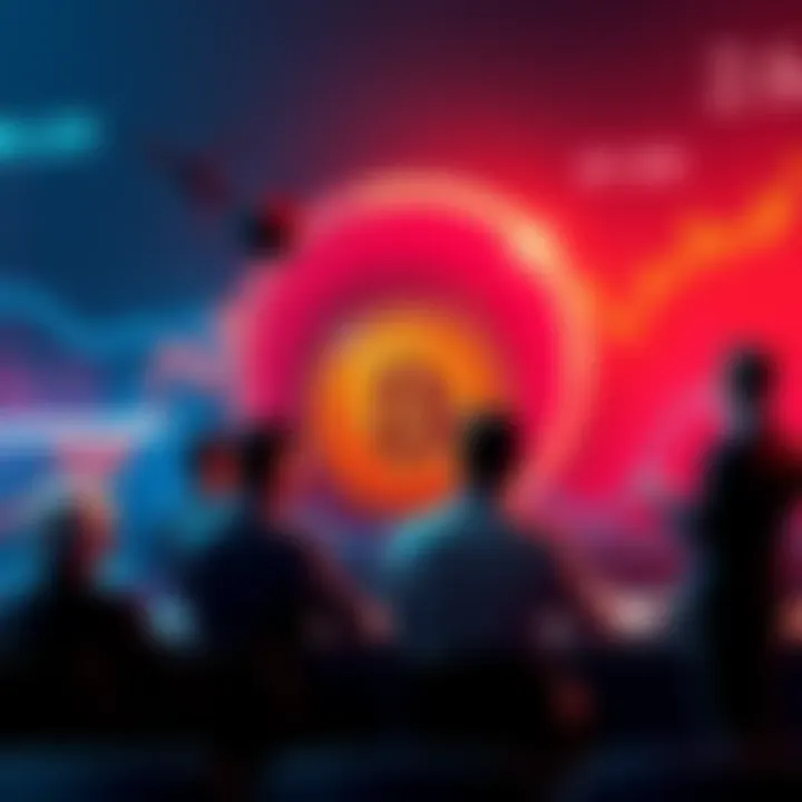 Group of people debating Bitcoin's future growth and performance trends, with charts and graphs in the background