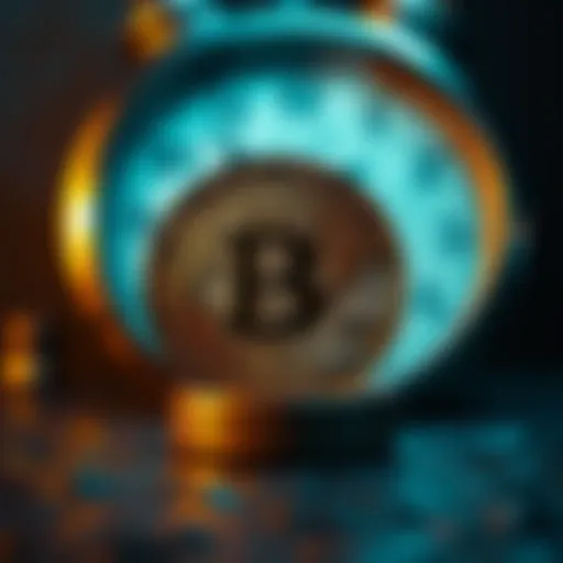 A coin representing Bitcoin with a clock in the background showing the concept of time and patience in investment