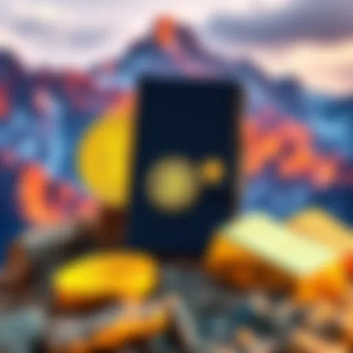 A side-by-side comparison of a bitcoin hardware wallet and gold bars on a mountain background.