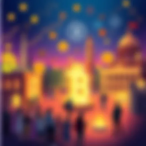 An illustration showing symbols of Bitcoin, historical milestones, and community gatherings, representing key facts for newcomers.