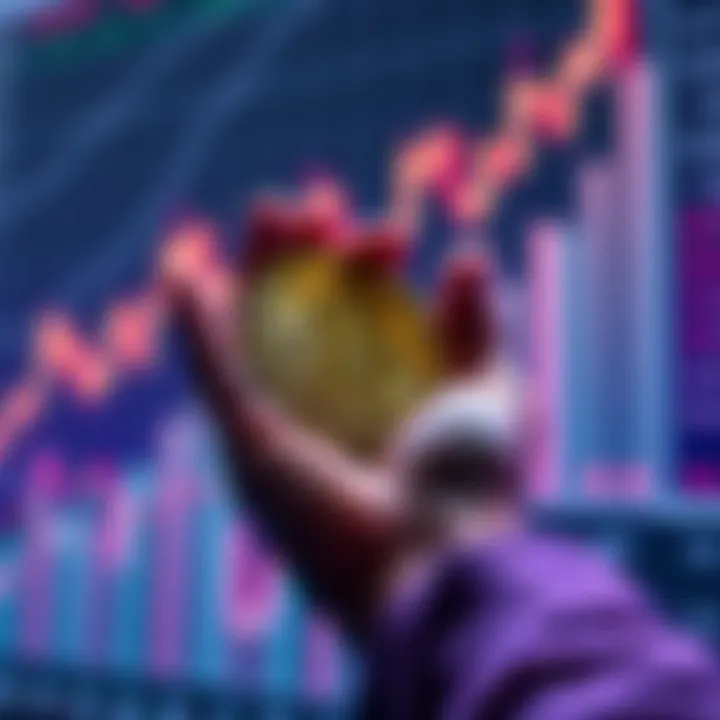A graphic showing a person holding onto Bitcoin coins while a chart shows an upward trend in prices, symbolizing long-term investment.