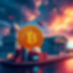 A visual representation of Bitcoin symbol with bank buildings and government structures in the background, illustrating the relationship between cryptocurrency and traditional finance.
