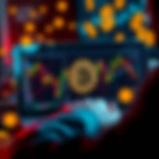 A person looking at a Bitcoin chart on a laptop with dollar signs around