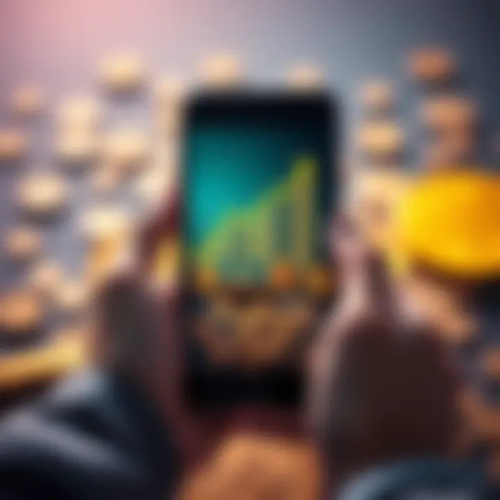 A person holding a smartphone displaying a Bitcoin chart with upward trends, surrounded by coins.