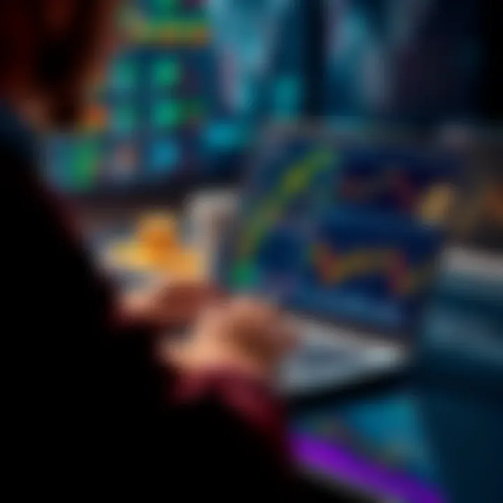 A person analyzing Bitcoin market trends on a laptop with charts and graphs displayed