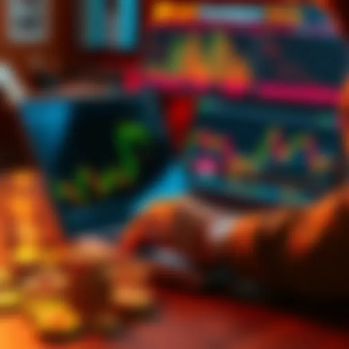 Bitcoin Investment Concept A person analyzing Bitcoin trends on a laptop with charts and coins on the table