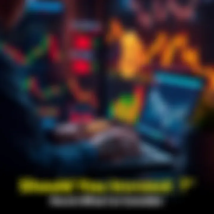 Bitcoin Investment Concept A person analyzing Bitcoin market trends on a laptop with charts and graphs in the background, symbolizing investment decisions.