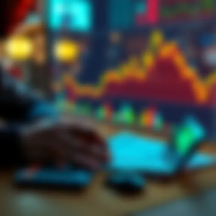 Bitcoin investment concept A person looking at a digital chart showing the rise of Bitcoin value with a calculator and notes on the table.