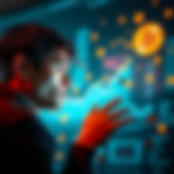 Bitcoin Investment Concept A person contemplating Bitcoin investment while looking at a digital graph showing upward trends. They have a thoughtful expression, surrounded by financial symbols like coins and dollar signs.