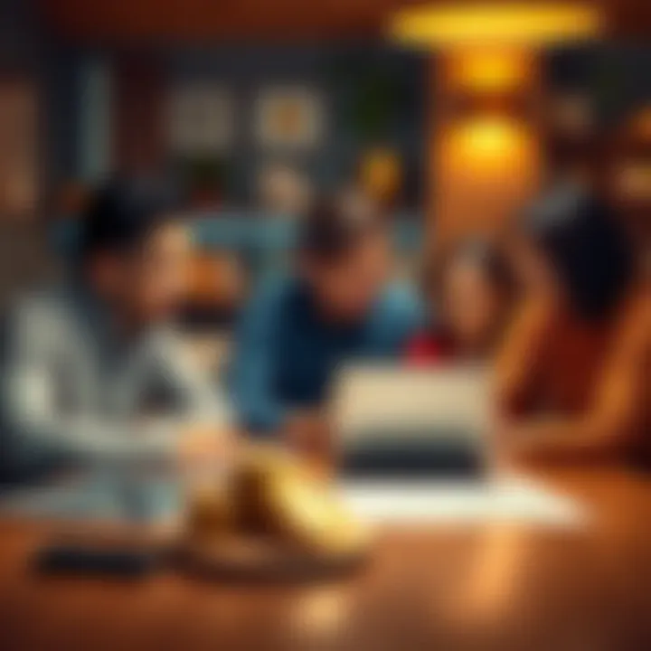 A family discussing Bitcoin investments around a table with a laptop and charts showing growth, emphasizing the long-term strategy for future generations.