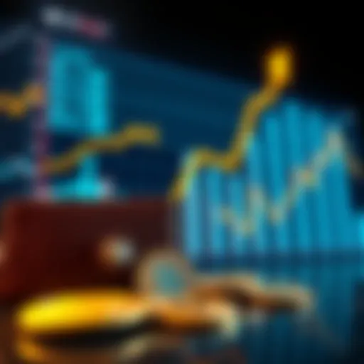 Graph showing the upward trend of Bitcoin investments over time, with a wallet and coins in the foreground.