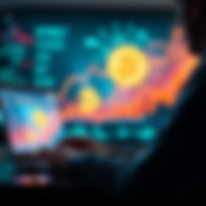 A person watching an engaging video about Bitcoin investments on a laptop, with digital currency graphics in the background.