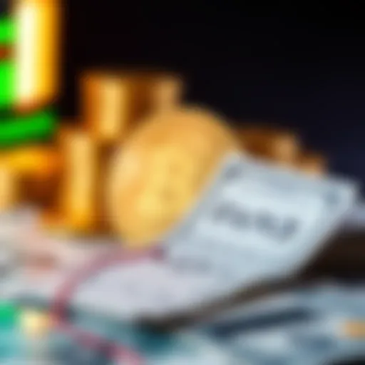 A graphic showing a Bitcoin symbol with a payday loan concept, including cash and a payment plan outline next to it.