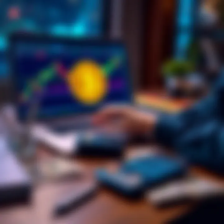A person analyzing Bitcoin charts on a laptop with a calculator and dollar bills on the table