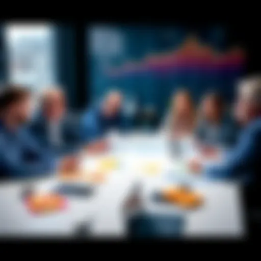 A group of people discussing investment strategies for Bitcoin, with charts and graphs on a table, representing Bitcoin's percentage in their portfolios.