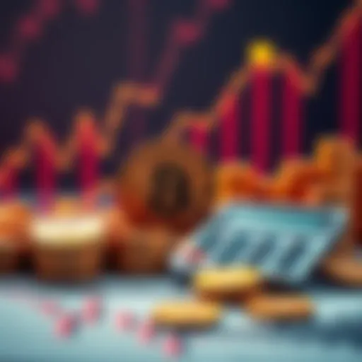A graphic showing a rising Bitcoin graph with coins and a calculator for financial planning.
