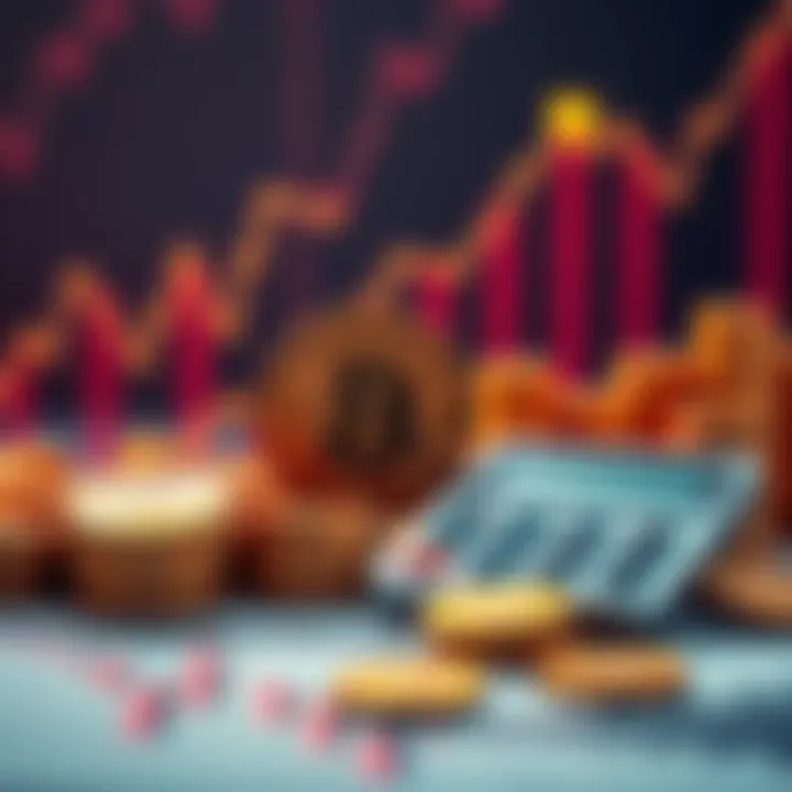 A graphic showing a rising Bitcoin graph with coins and a calculator for financial planning.