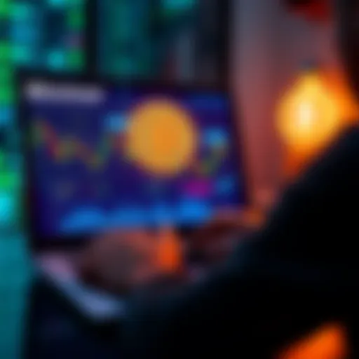 A beginner looking at Bitcoin prices on a laptop with charts and graphs on the screen