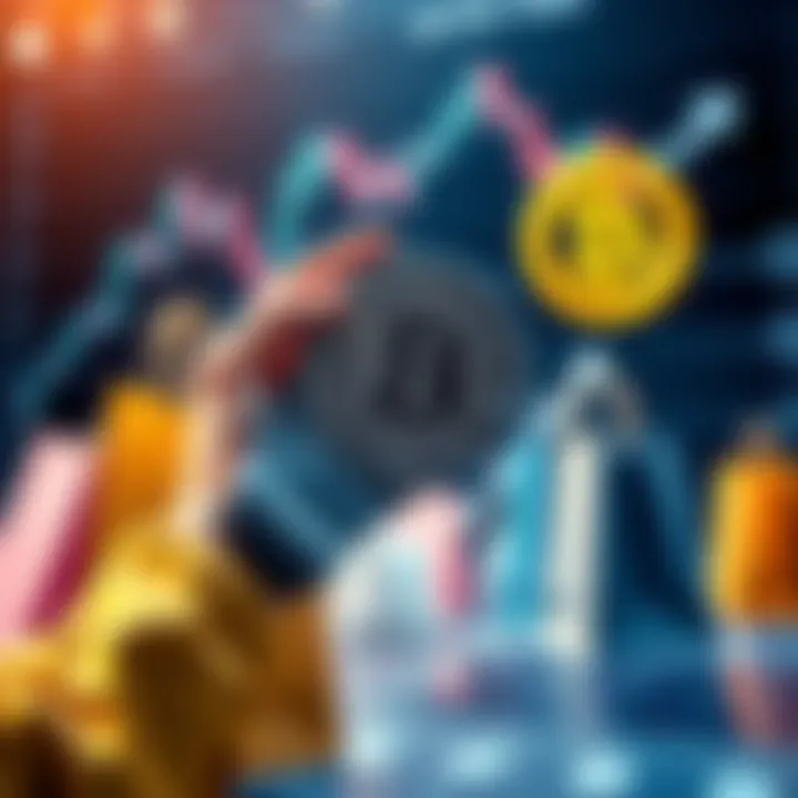 A person holding a Bitcoin symbol with shopping bags and graphs in the background, representing Bitcoin's role in purchasing power and investments.