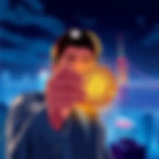 A person holding 21 Bitcoin coins with a city skyline in the background, symbolizing financial success and the journey of investing.