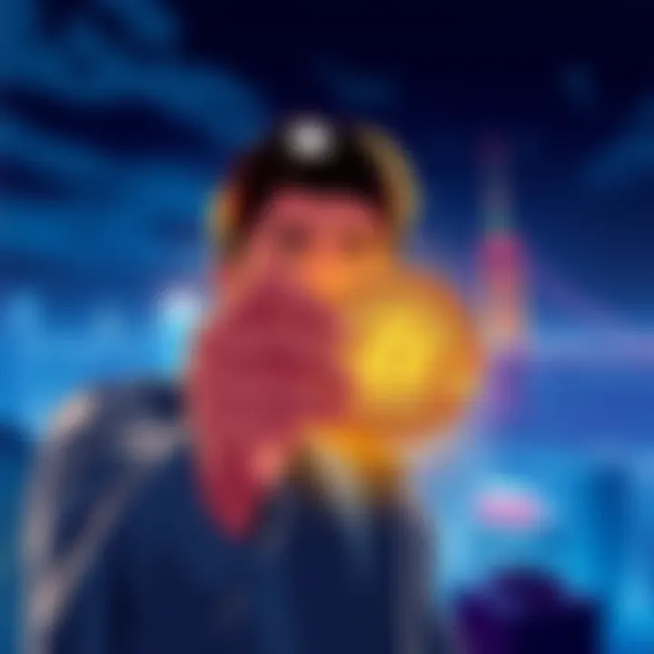 A person holding 21 Bitcoin coins with a city skyline in the background, symbolizing financial success and the journey of investing.