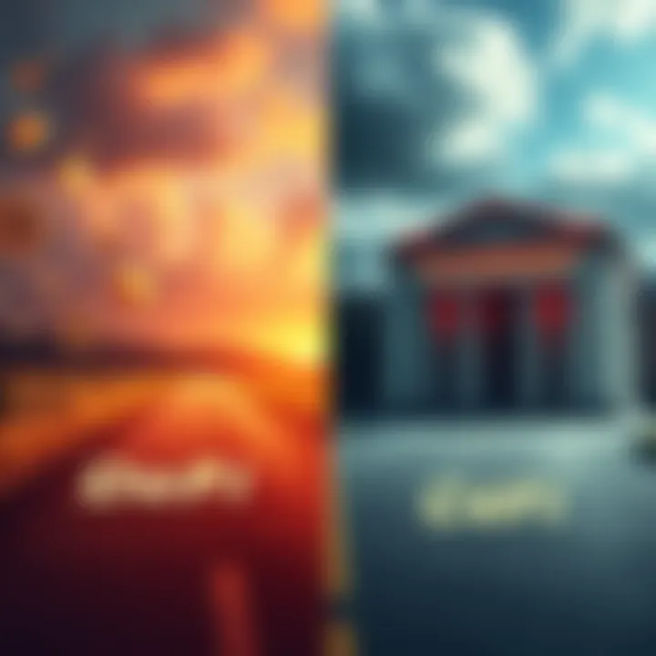 Bitcoin Loans Comparison A split image showing two paths: one labeled DeFi with digital assets floating around, and the other labeled CeFi with a traditional bank building. Users contemplating their options for Bitcoin loans.