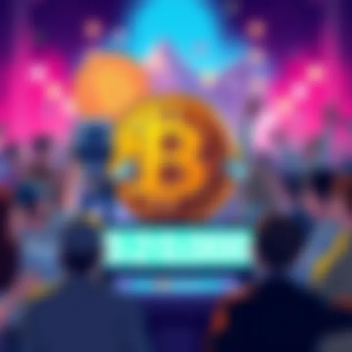 A fun illustration of a Bitcoin character humorously counting down to $200,000 with excited community members around it.