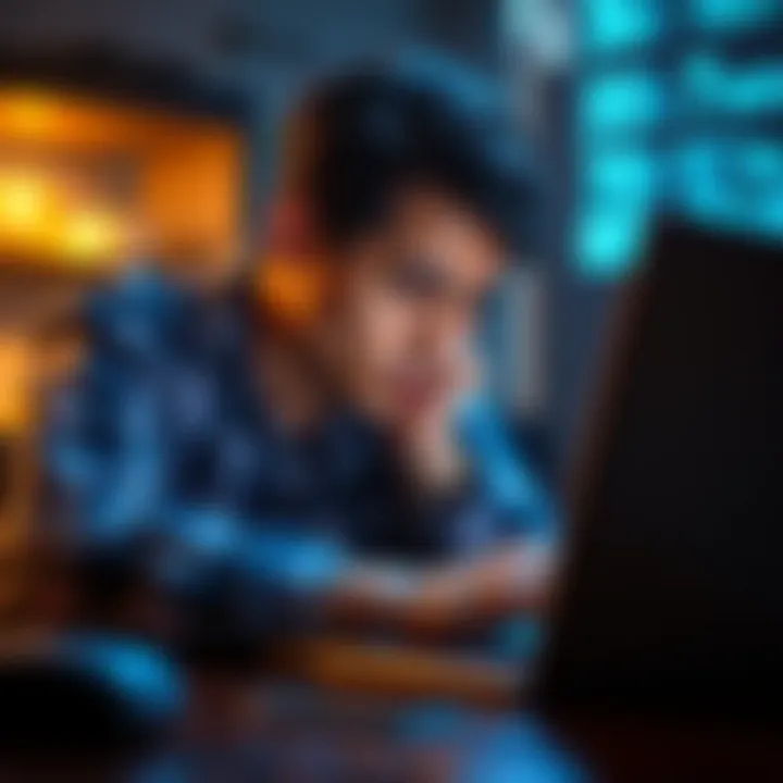 A person looking stressed while trying to access a Blockchain wallet on a laptop, with Bitcoin symbols on the screen.