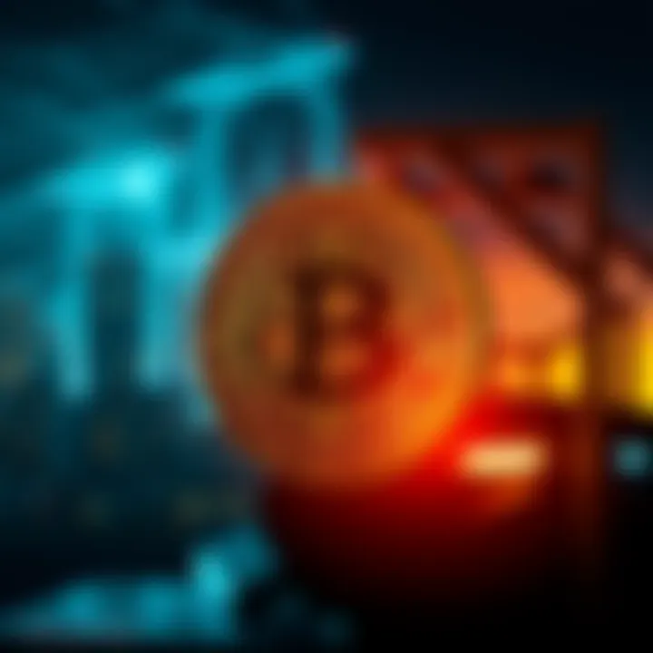 Bitcoin symbol with a power outage background A Bitcoin symbol in front of a darkened cityscape representing a power outage and internet disruption