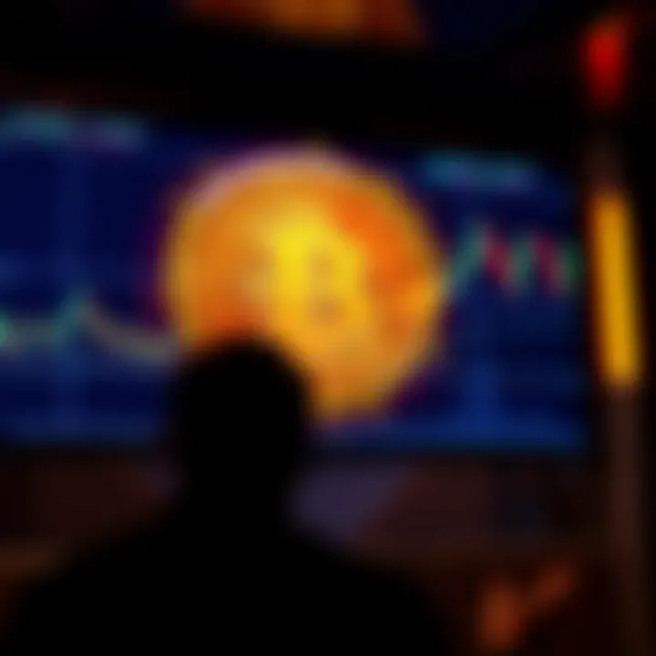 A person speaks about Bitcoin's future value in front of a digital screen displaying a Bitcoin logo and market graphs.