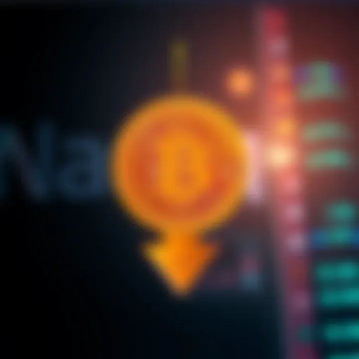Bitcoin Price Drop Graphic showing Bitcoin logo with a downward arrow indicating a price drop of 30% compared to Nasdaq values