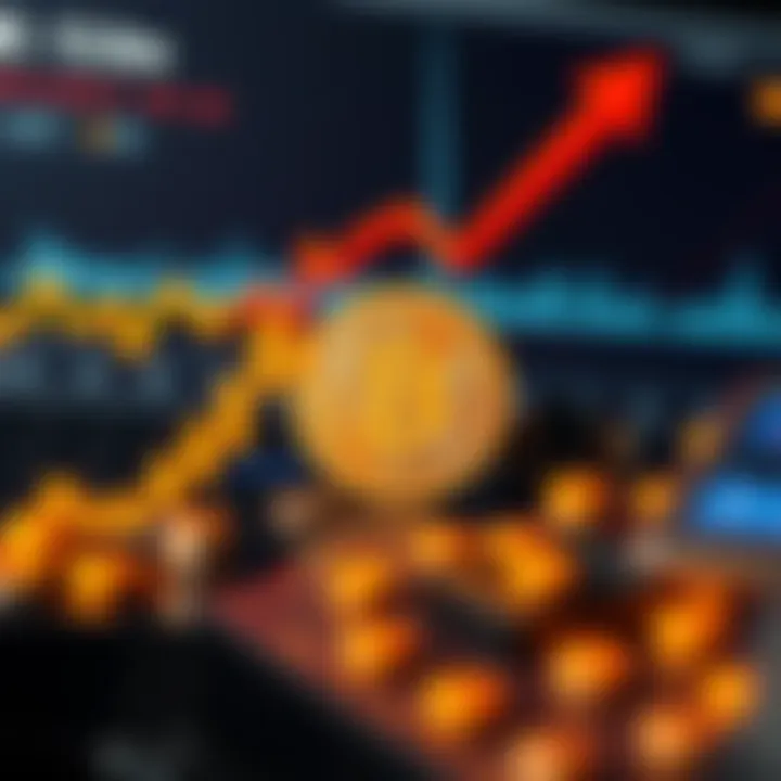 Bitcoin price drop during mass selling A chart showing a significant drop in Bitcoin prices due to mass selling, with red arrows indicating decline