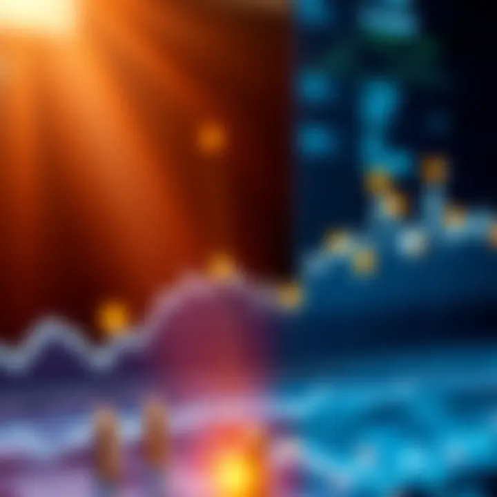 A chart showing the fluctuating price of Bitcoin, with markers indicating highs and lows, and an upward trend line.