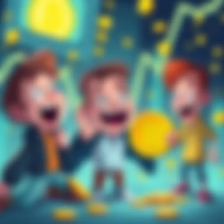 Cartoon characters reacting to Bitcoin price changes with humor, showing both excitement for cheaper coins and laughter amid losses.