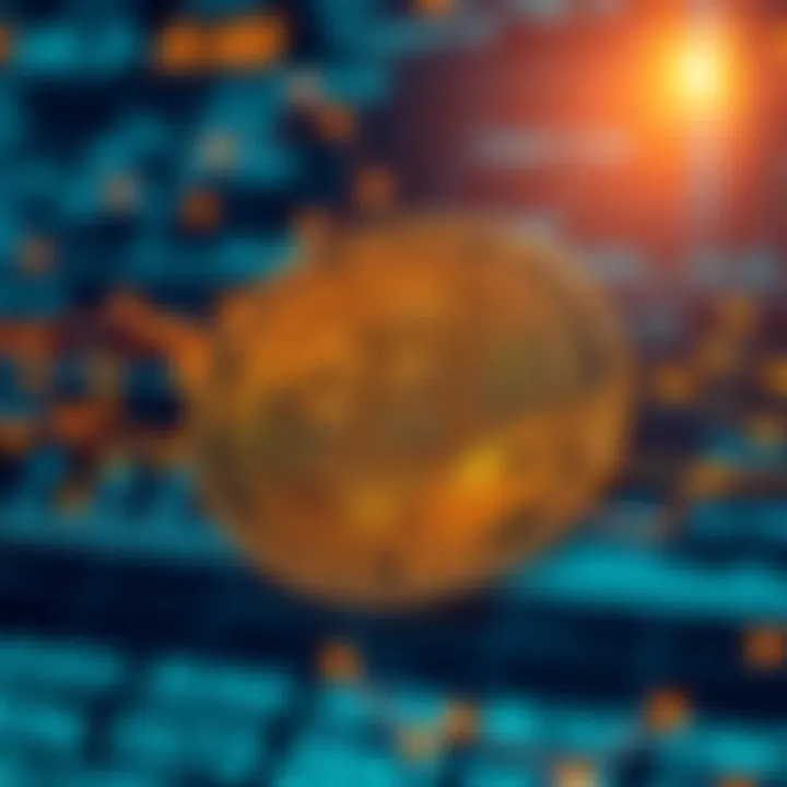 A graphic showing a blockchain diagram with digital numbers and currency symbols, illustrating Bitcoin's nature as a ledger.