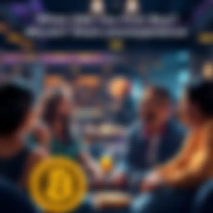 A group of diverse people sharing their Bitcoin buying stories in a casual setting, discussing their experiences excitedly