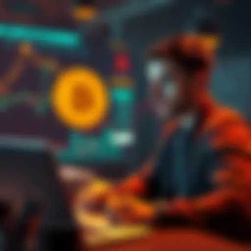 A person reflecting on a friend's comment about Bitcoin while making a purchase, with a laptop and cryptocurrency graphics in the background.