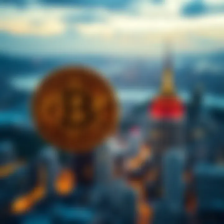 Bitcoin vs Real Estate A visual comparison of Bitcoin's limited supply and the vastness of real estate, showcasing a Bitcoin symbol next to a city skyline.