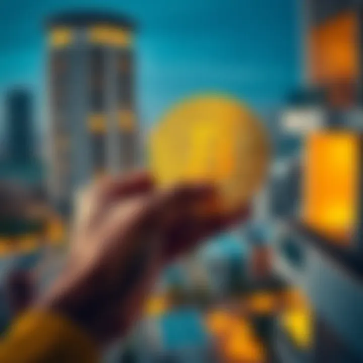 A person holding Bitcoin coins while looking at an apartment in Dubai, showcasing the new payment option for renters.