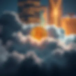 A digital representation of Bitcoin symbol shining brightly above a darkened cloud representing AWS outage, illustrating Bitcoin's reliability in the financial sector.