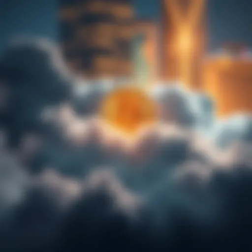 A digital representation of Bitcoin symbol shining brightly above a darkened cloud representing AWS outage, illustrating Bitcoin's reliability in the financial sector.