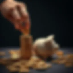A person placing a small stack of Bitcoin coins into a piggy bank, symbolizing saving and investing for the future.