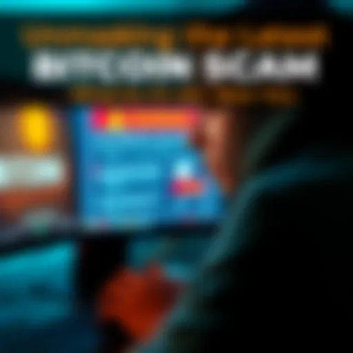 A person looking concerned at a computer screen showing a warning about Bitcoin scams and investment alerts