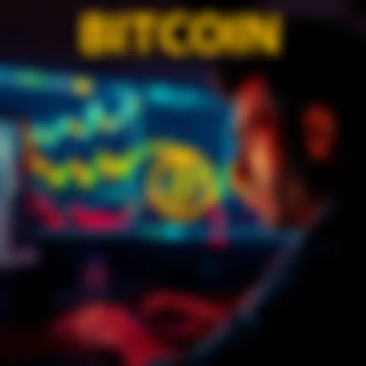 A person looking at a computer screen filled with Bitcoin charts and graphs, appearing frustrated and confused. In the background, shadows of people are seen, symbolizing the deception and scams in the cryptocurrency world.